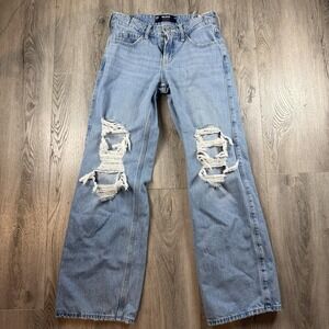 Hollister Jeans Womens 00 Light Wash Blue Low Rise Baggy Wide Leg Distressed